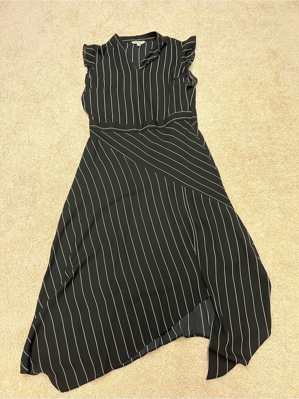 Nanette Lepore Black & White Vertical Stripe Asymmetrical Midi Dress